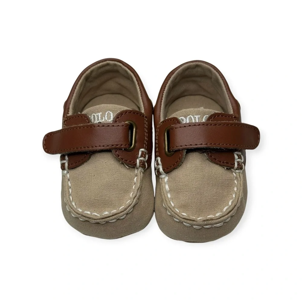 Ralph Lauren 𖦹 Sander EZ Baby Walker Boat Shoe 𖦹 Khaki Canvas Tan Leather 𖦹 2
